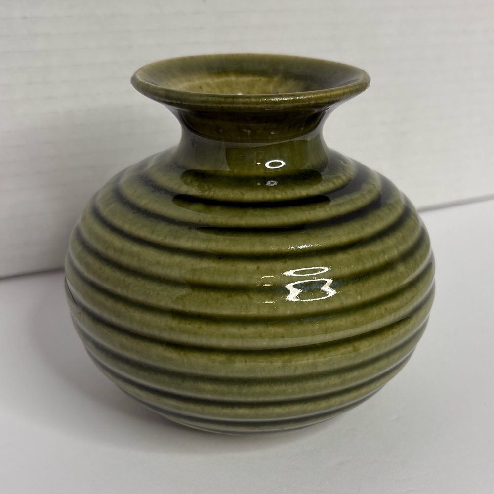 Vintage Striped Green Ceramic Vase